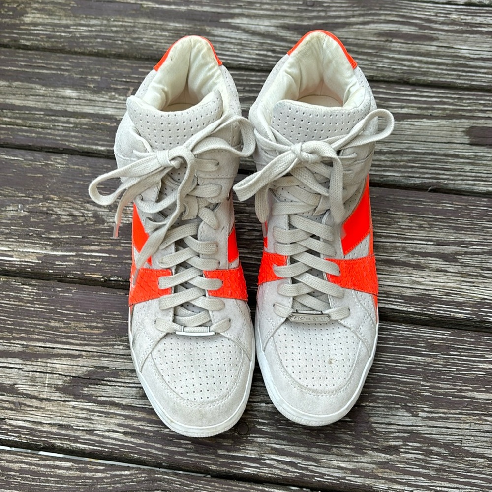 Coach Women’s Alexis Suede/Leather Wedge Hightop Sneakers Chalk/Orangd Size 9.5